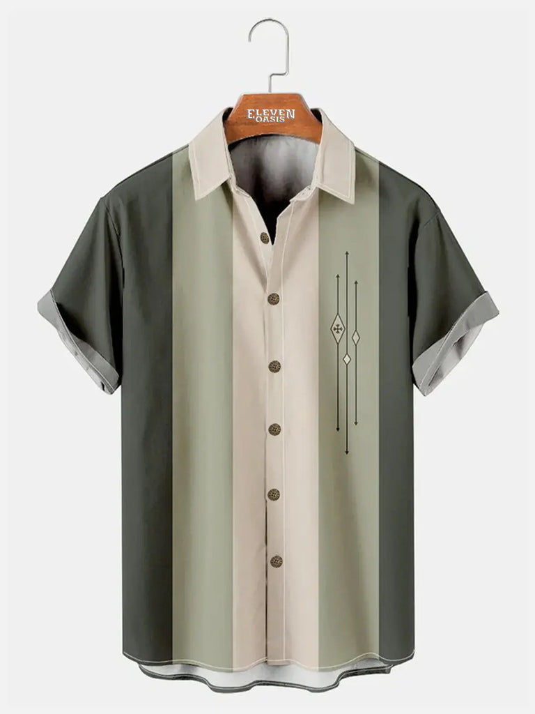 Mens Color-block Striped Casual Breathable Short Sleeve Bowling Shirts ElevenOasis
