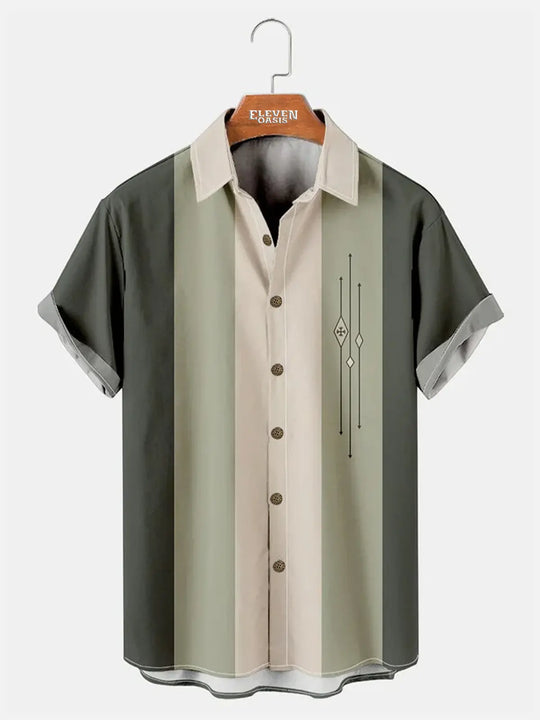Mens Color-block Striped Casual Breathable Short Sleeve Bowling Shirts ElevenOasis