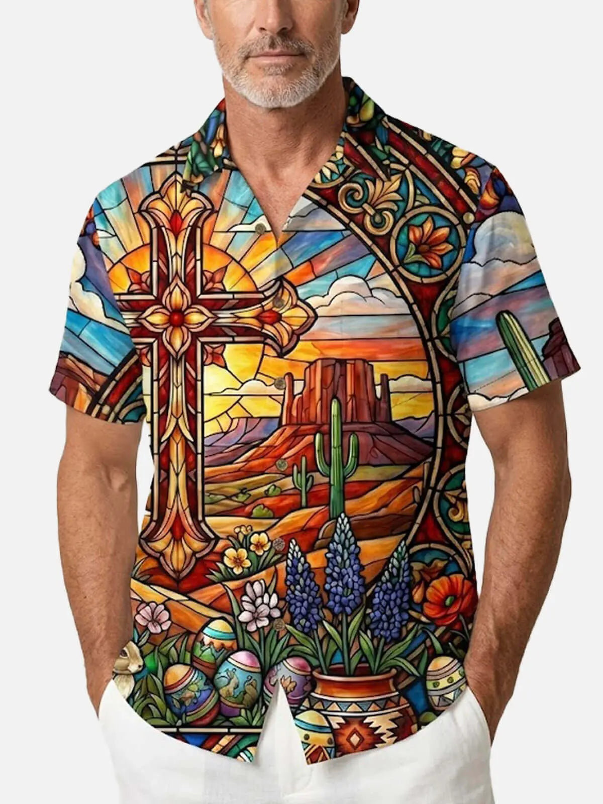 mens easter dress shirts Men's Easter Faith Stained Glass Short Sleeve Shirt, Colorful / M / Linen-Feel