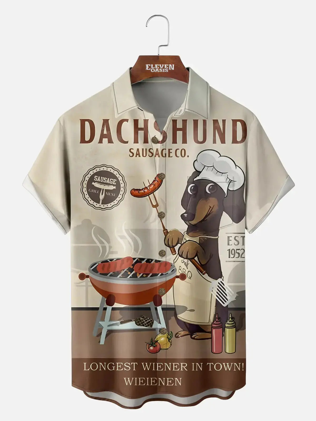 Tall Size Men's Weiner Dachshund BBQ Sausage Dog Short Sleeve Shirt Eleven Oasis