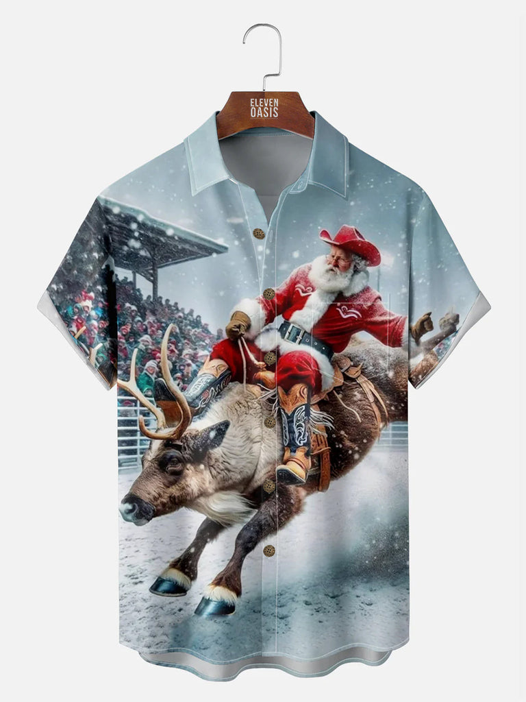 Tall Men's Cowboy Santa Buck-Riding Short Sleeve Shirt Eleven Oasis