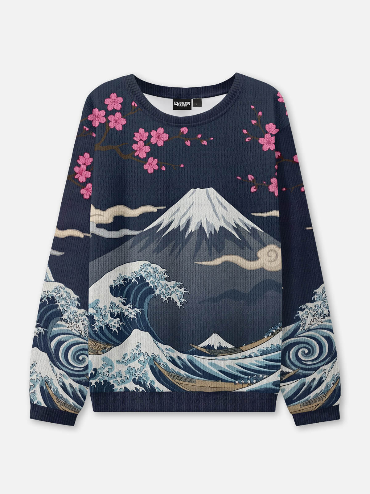 Japanese Wave and Mountain Crew Neck Sweatshirt Eleven Oasis
