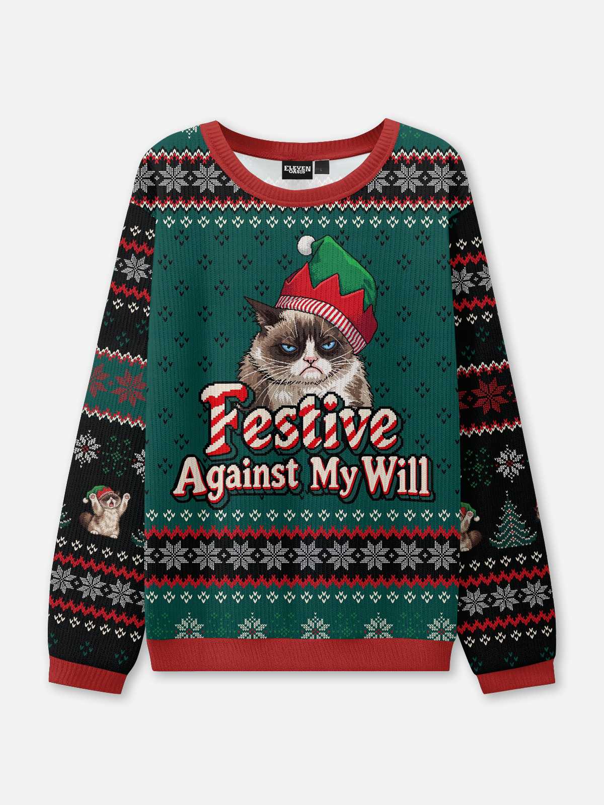 Festive Against My Will Grumpy Cat Ugly Christmas Sweater