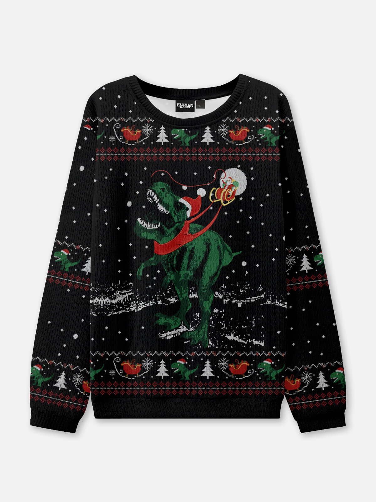 Santa's T-Rex Sleigh Ride Ugly Christmas Sweater Eleven Oasis