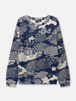 Japanese Indigo Floral Pattern Crew Neck Sweatshirt Eleven Oasis