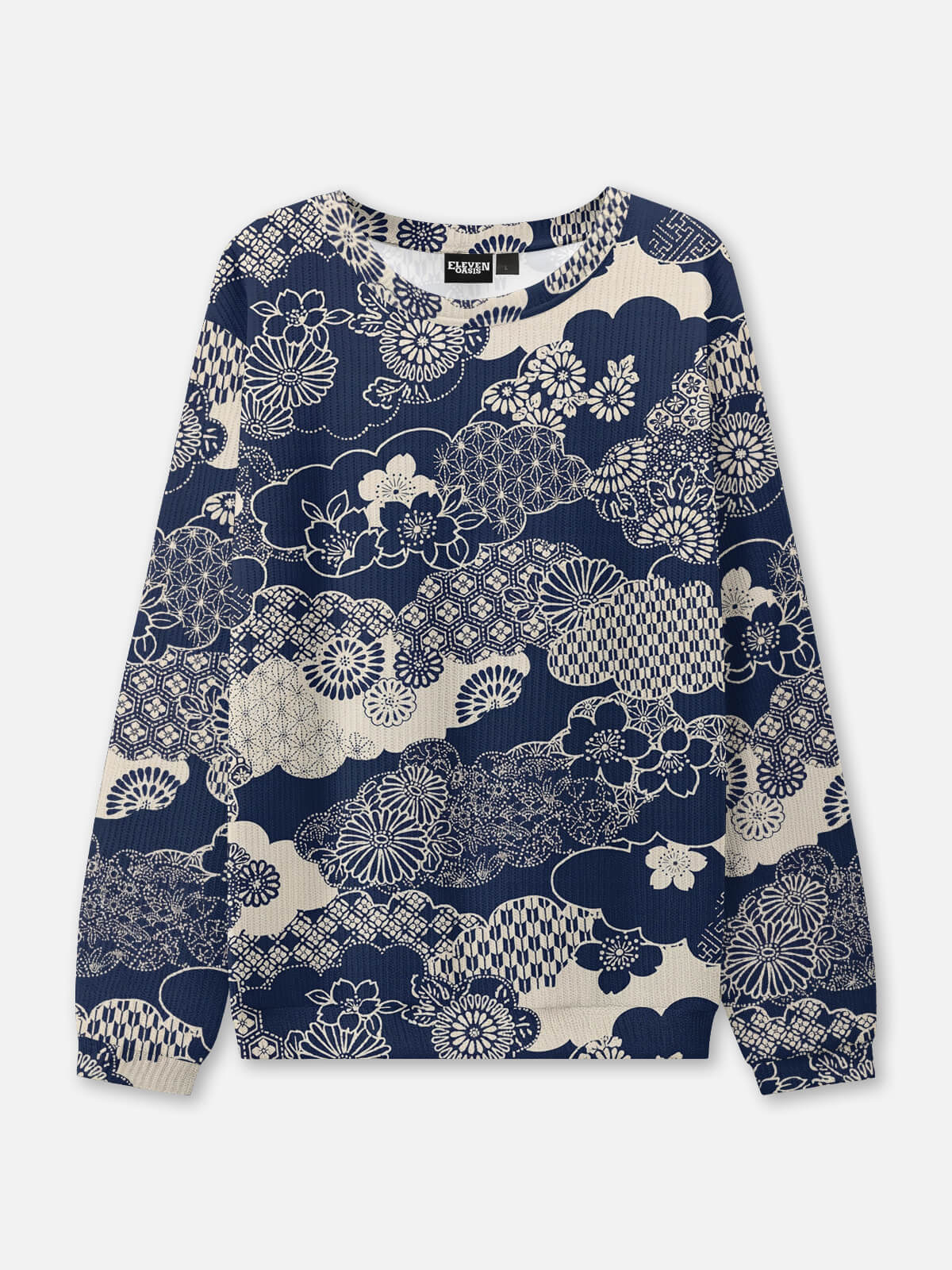 Japanese Indigo Floral Pattern Crew Neck Sweatshirt Eleven Oasis