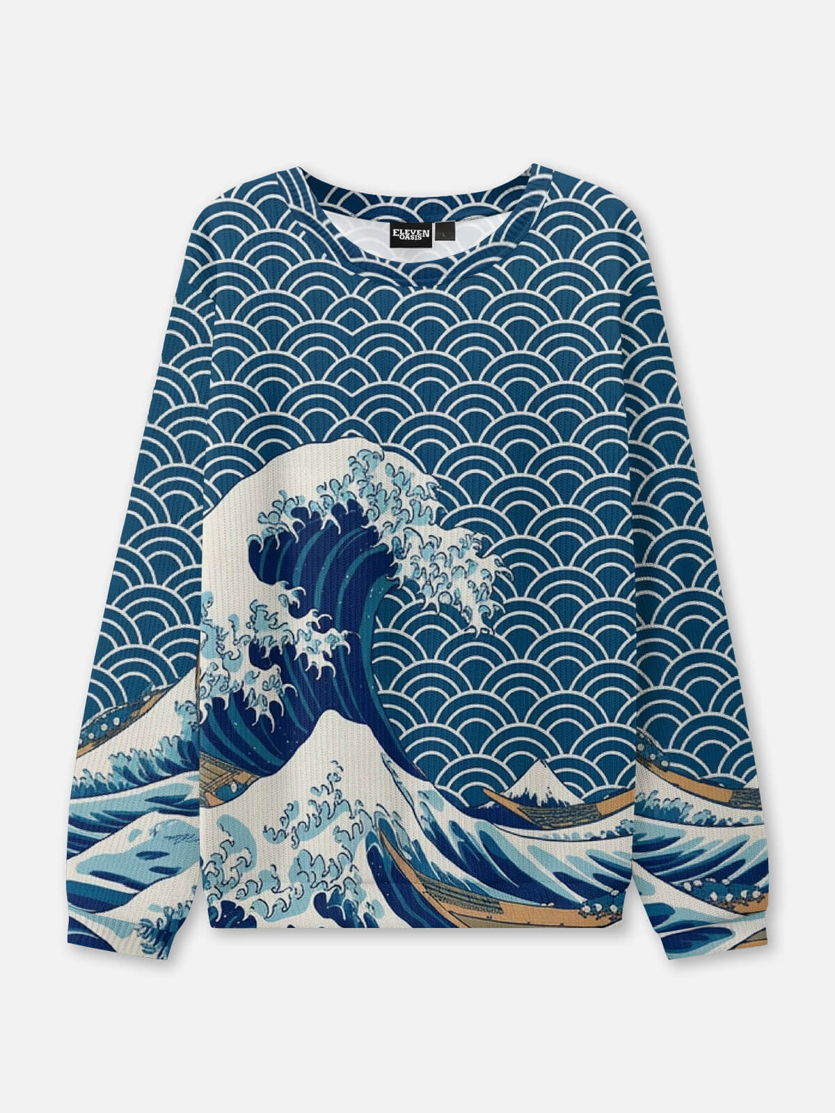 Japanese Wave Pattern Crew Neck Sweatshirt Eleven Oasis