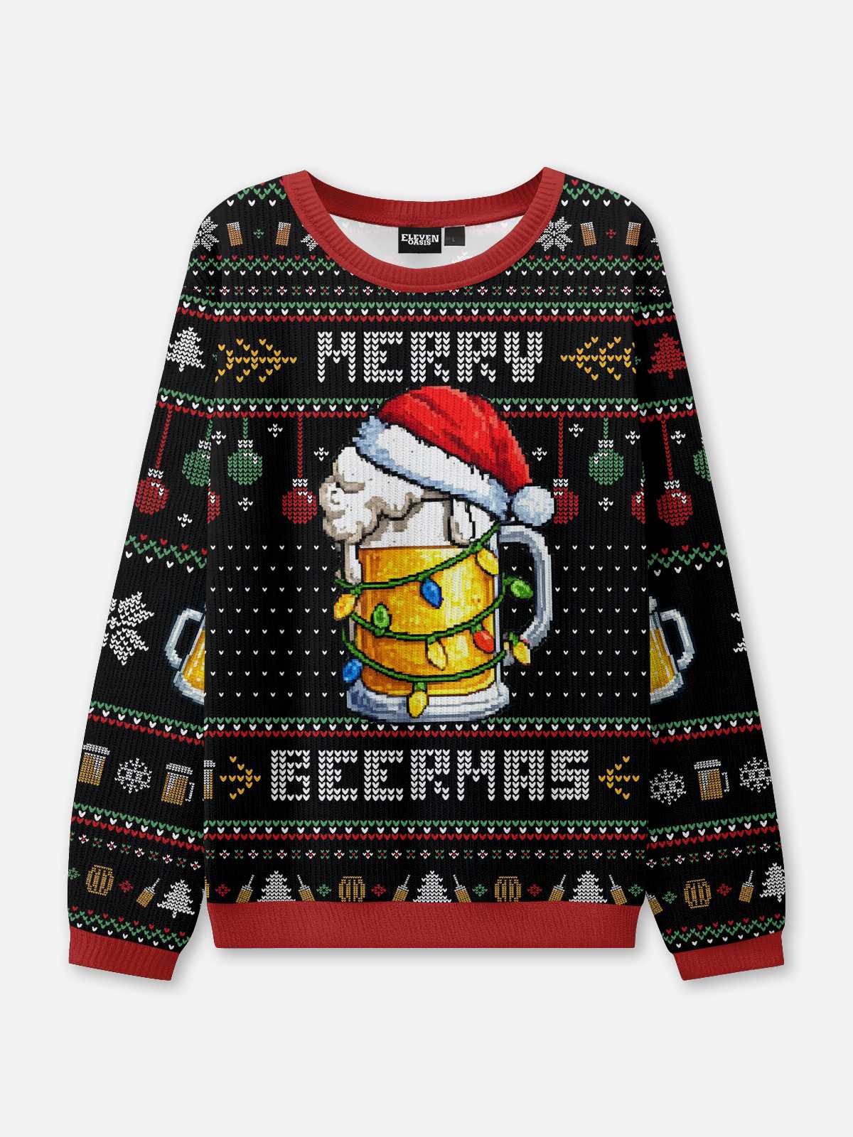 Merry Beermas Beer Mug Ugly Christmas Sweater ElevenOasis