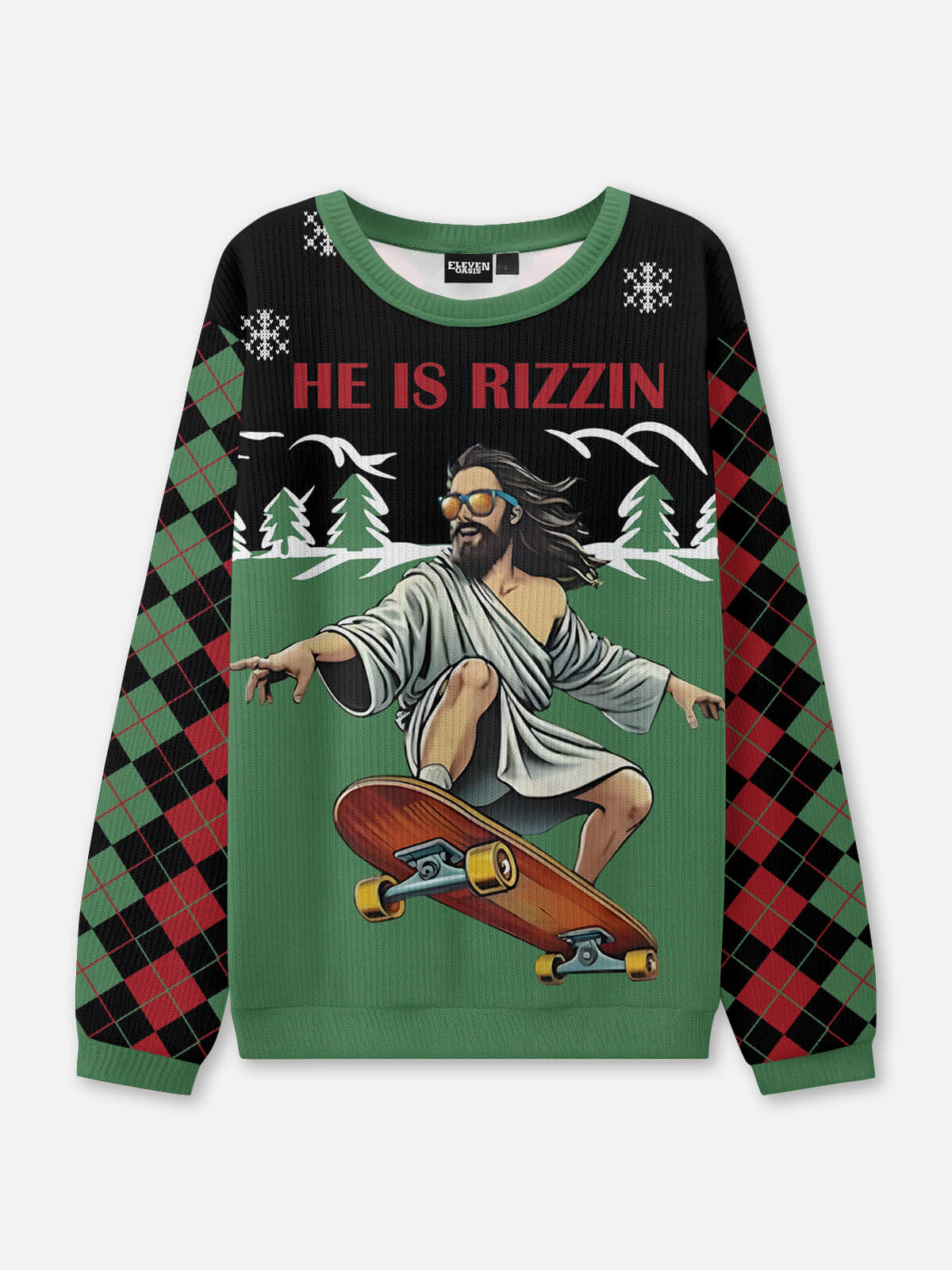 He Is Rizzin Skateboard Ugly Christmas Sweater Eleven Oasis