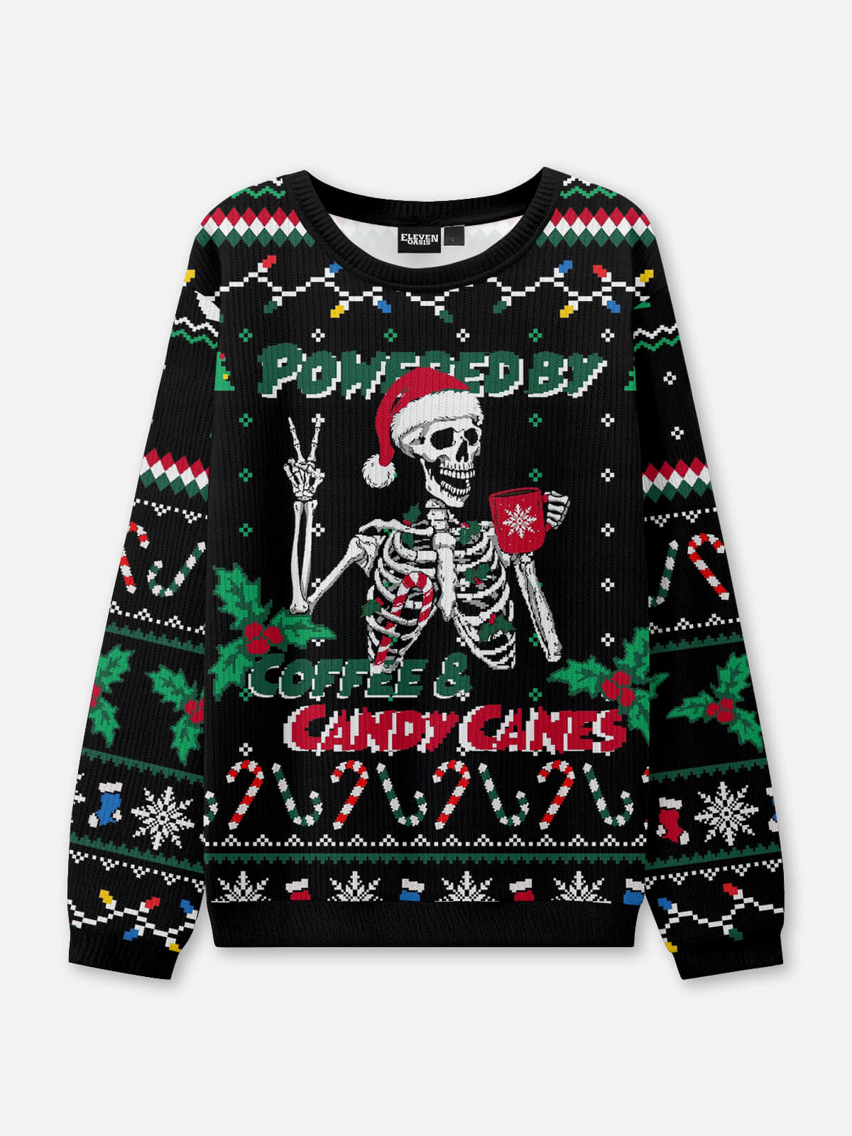 Powered by Coffee & Candy Canes Ugly Christmas Sweater Eleven Oasis
