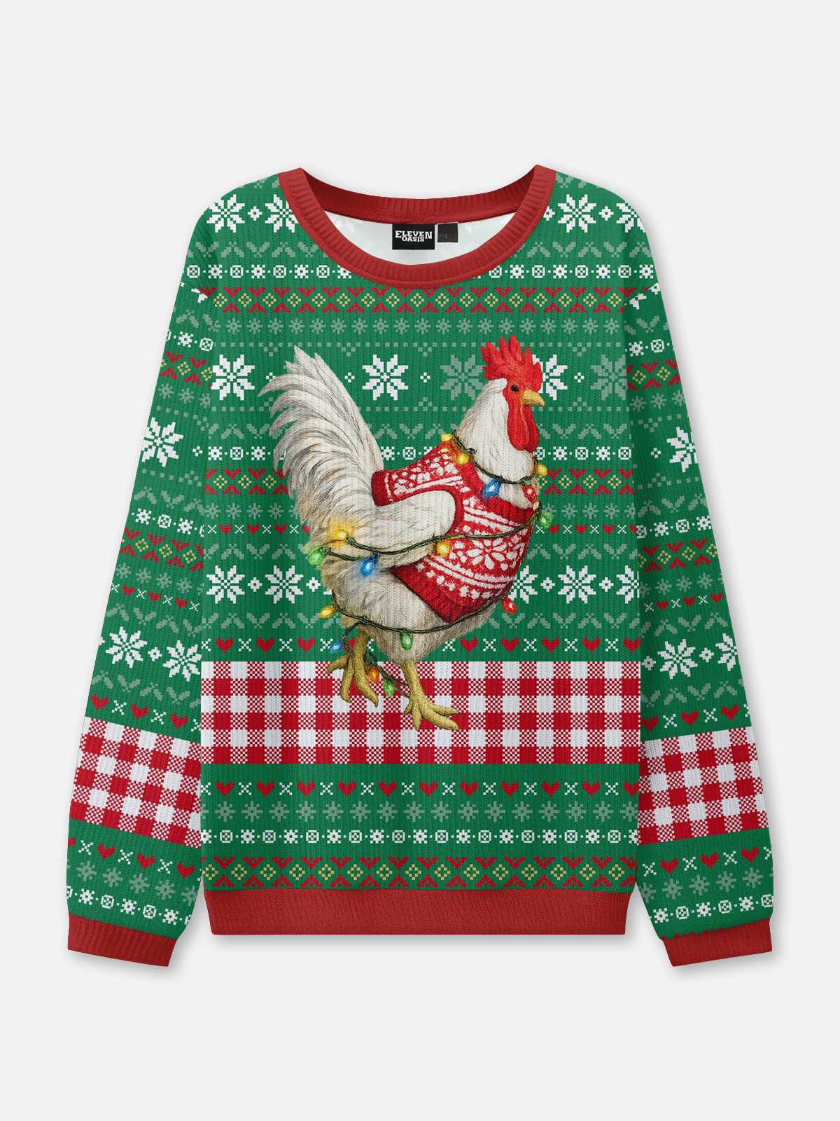 Rooster Christmas Lights Ugly Christmas Sweater ElevenOasis