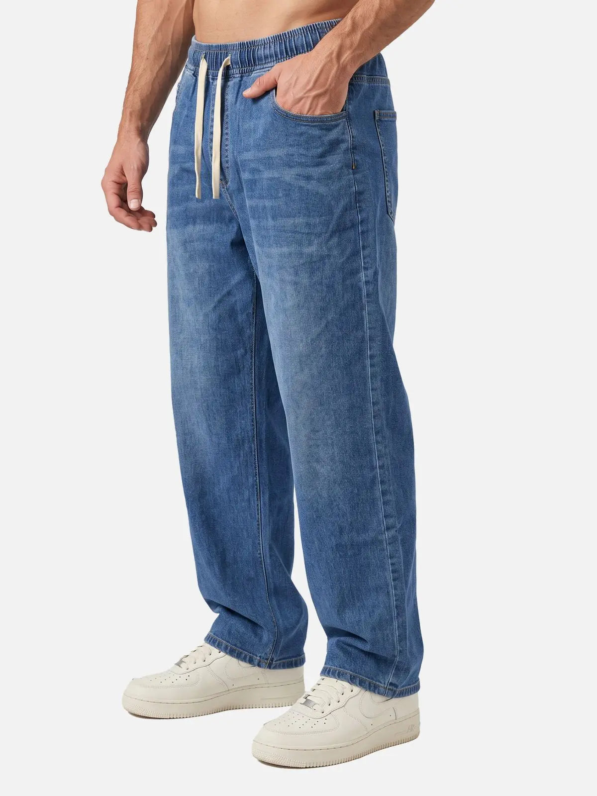 Men's Faded Wash Wide-Leg Drawstring Denim Pants ElevenOasis