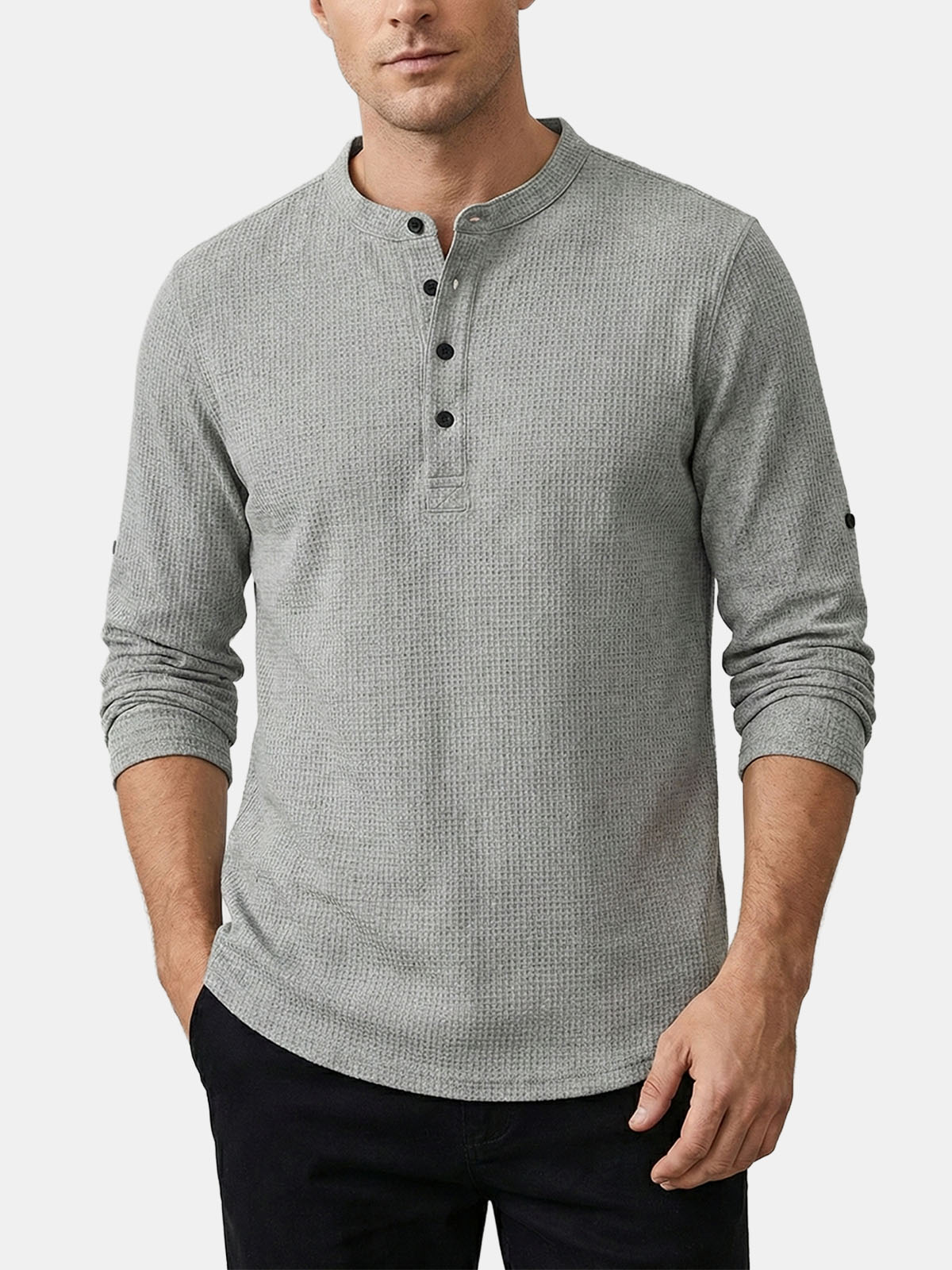 Men's Waffle Knit Henley Long Sleeve Shirt