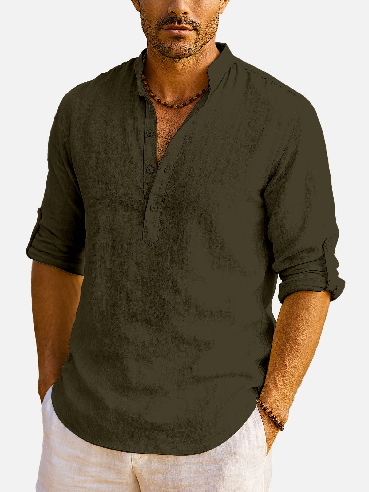 Men's Cotton Stand Collar Long Sleeve Shirt Eleven Oasis