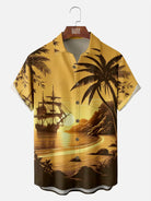 Tall Men's Pirate Ship Tropical Sunset Hawaiian Short Sleeve Shirt Eleven Oasis