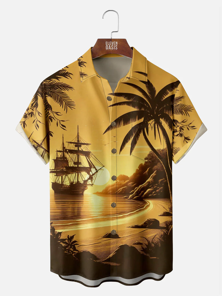 Tall Men's Ship in the Distance from the Beach with Palm Trees Short Sleeve Shirt ElevenOasis