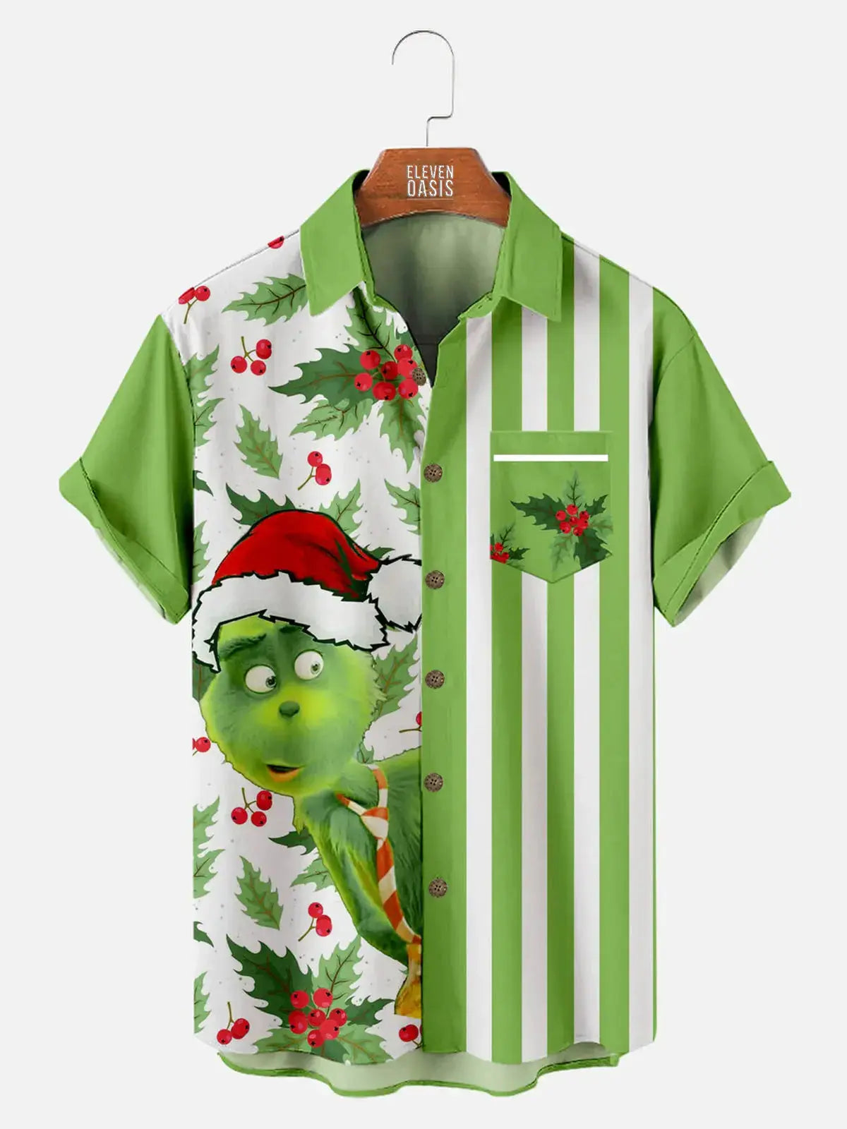 Christmas Big Grinch Print Men's Short Sleeve Casual Shirt ElevenOasis