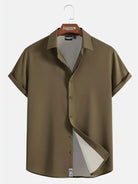 Men's Casual Linen-Feel Loose Printed Solid Color Button Short Sleeve Shirt ElevenOasis