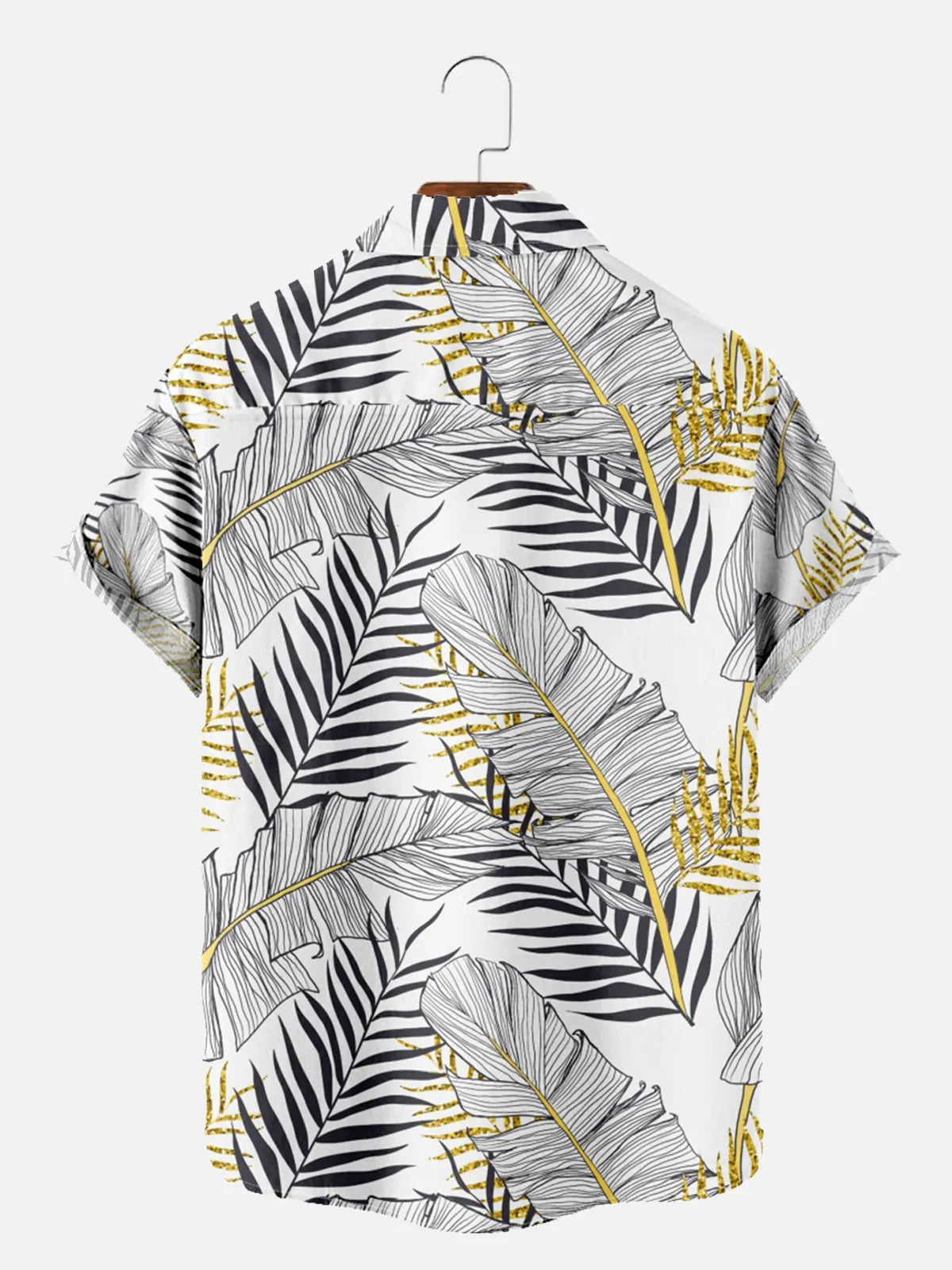 Men's Hawaiian Print Leaf Foliage Golden White Short Sleeve Shirt ElevenOasis