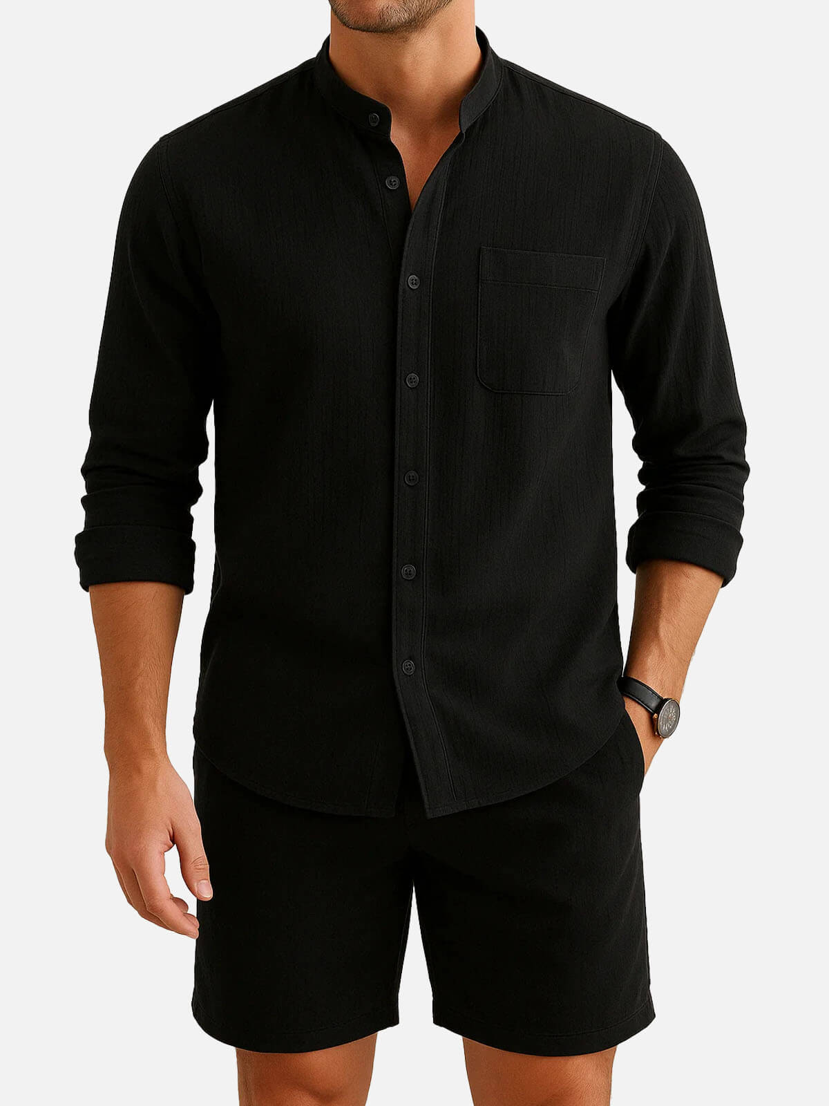 Men’s Solid Color Linen Stand Up Collar Long Sleeve Elastic Waist Set Casual Slow Sunday Two Piece Eleven Oasis