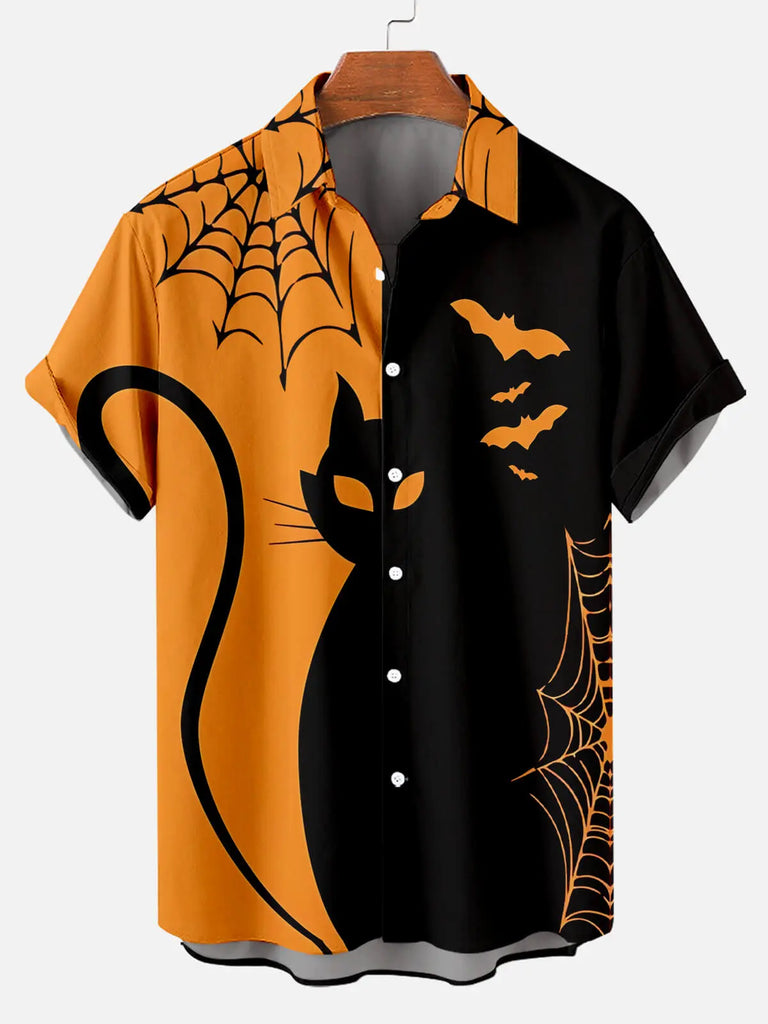 Halloween Black Cat Colorblock Print Short Sleeve ShirtMens short sleeve shirts Big and tall Mens shirts Short sleeve shirts for men Mens 4xl shirts Casual short sleeve shirts