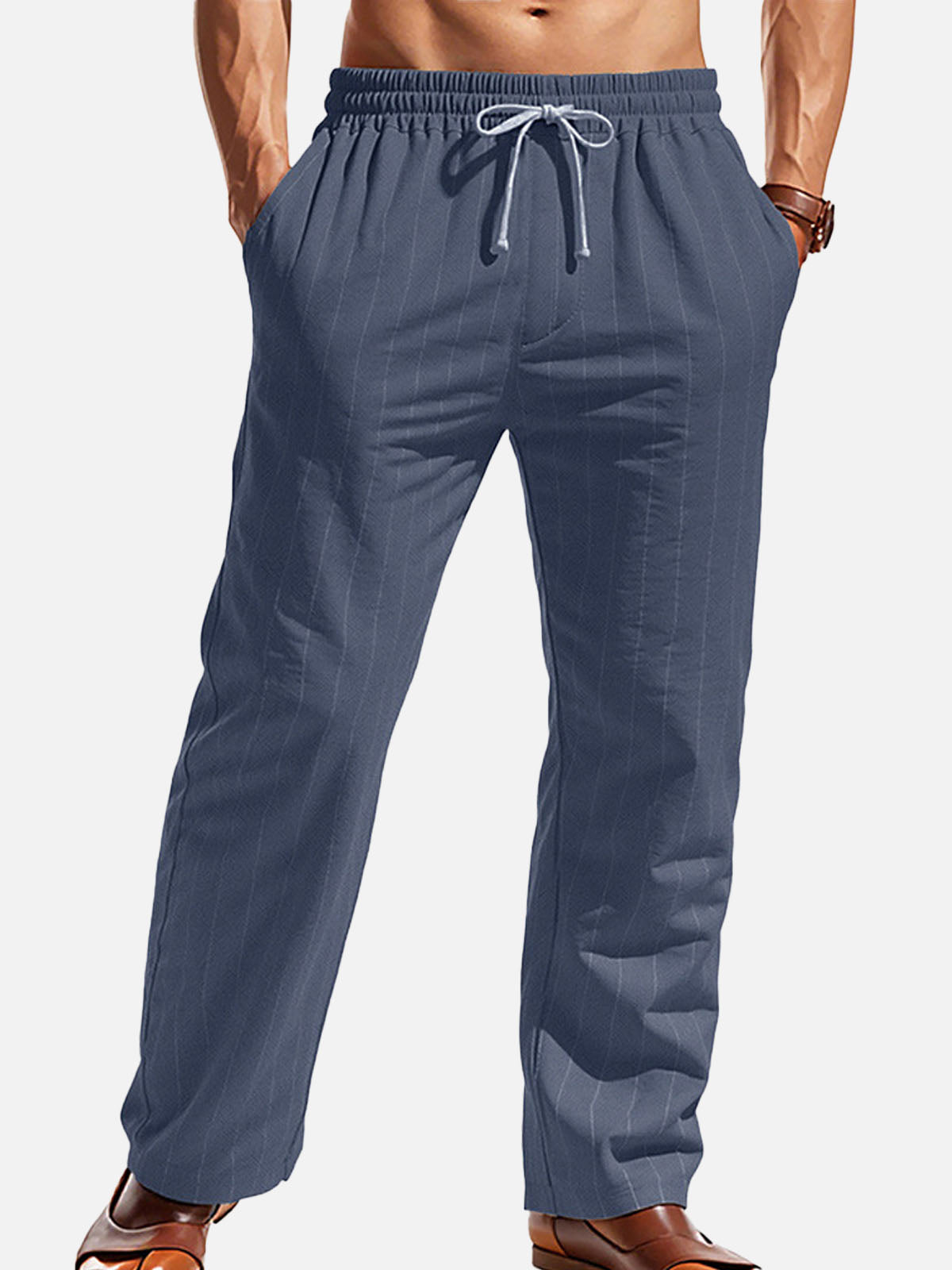 Men's Pinstripe Linen Blend Drawstring Pants ElevenOasis