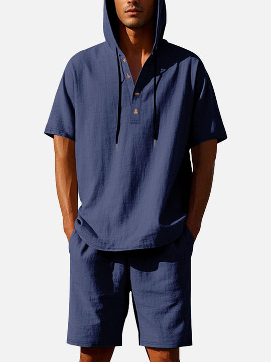 Solid Color Linen Hooded Short Sleeve Elastic Waist Set For Men Vacation - Inspired Shorts Set Eleven Oasis