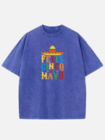 Feliz Cinco de Mayo Colorful Sombrero Acid Wash Cotton T-Shirt Eleven Oasis