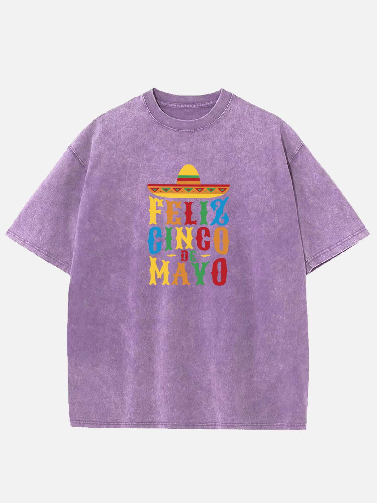 Feliz Cinco de Mayo Colorful Sombrero Acid Wash Cotton T-Shirt Eleven Oasis