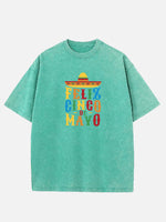 Feliz Cinco de Mayo Colorful Sombrero Acid Wash Cotton T-Shirt Eleven Oasis