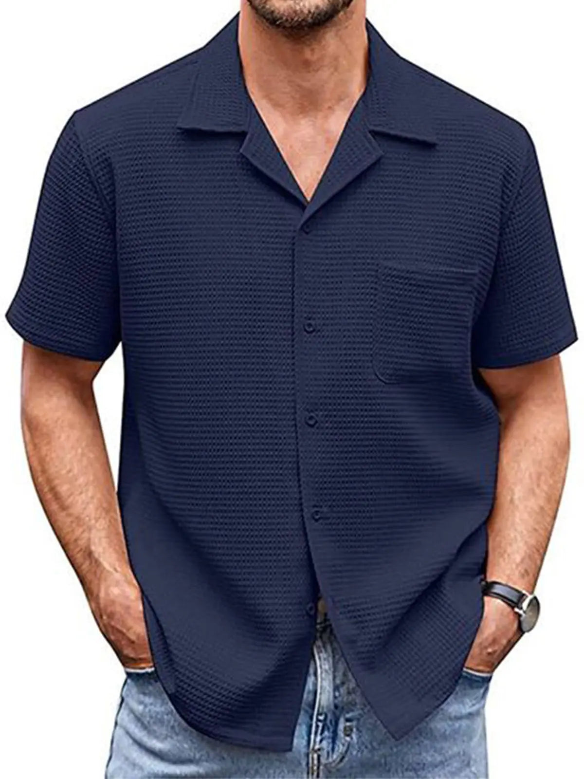 Men's Solid Waffle Short Sleeve Shirt ElevenOasis
