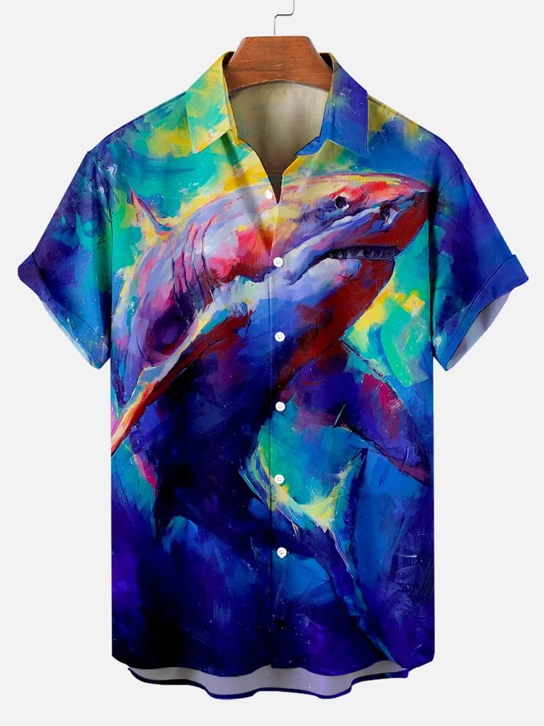 Hawaiian Shark Oil Painting Pattern Men's Short Sleeve TopMens short sleeve shirts Big and tall Mens shirts Short sleeve shirts for men Mens 4xl shirts Casual short sleeve shirts