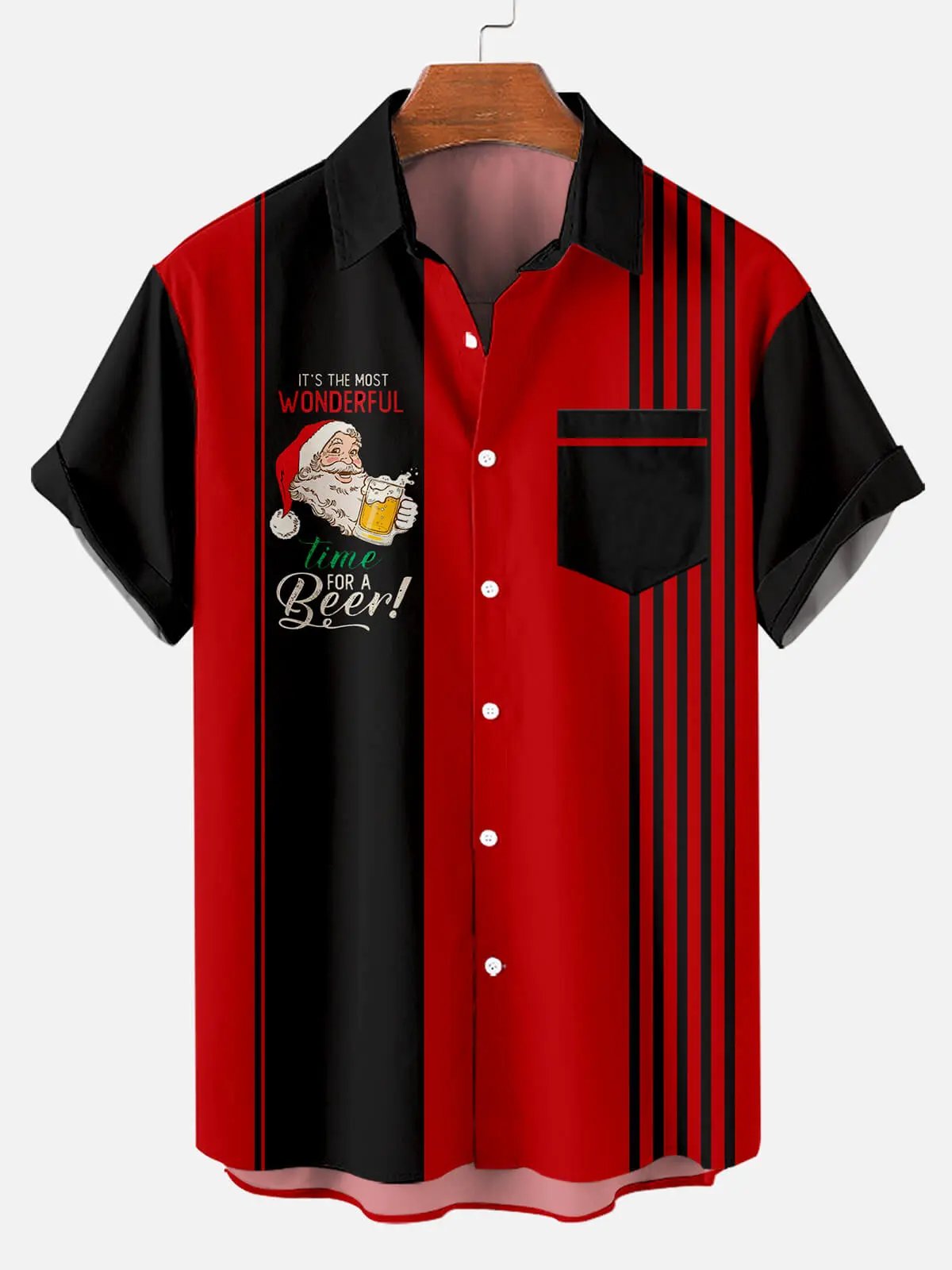 Christmas Santa Drinking Beer Striped Pattern Men's Short Sleeve ShirtMens short sleeve shirts Big and tall Mens shirts Short sleeve shirts for men Mens 4xl shirts Casual short sleeve shirts