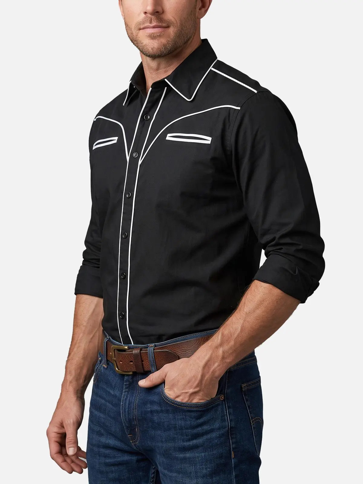 Men's Western Yoke Contrast Piping Long Sleeve Shirt ElevenOasis