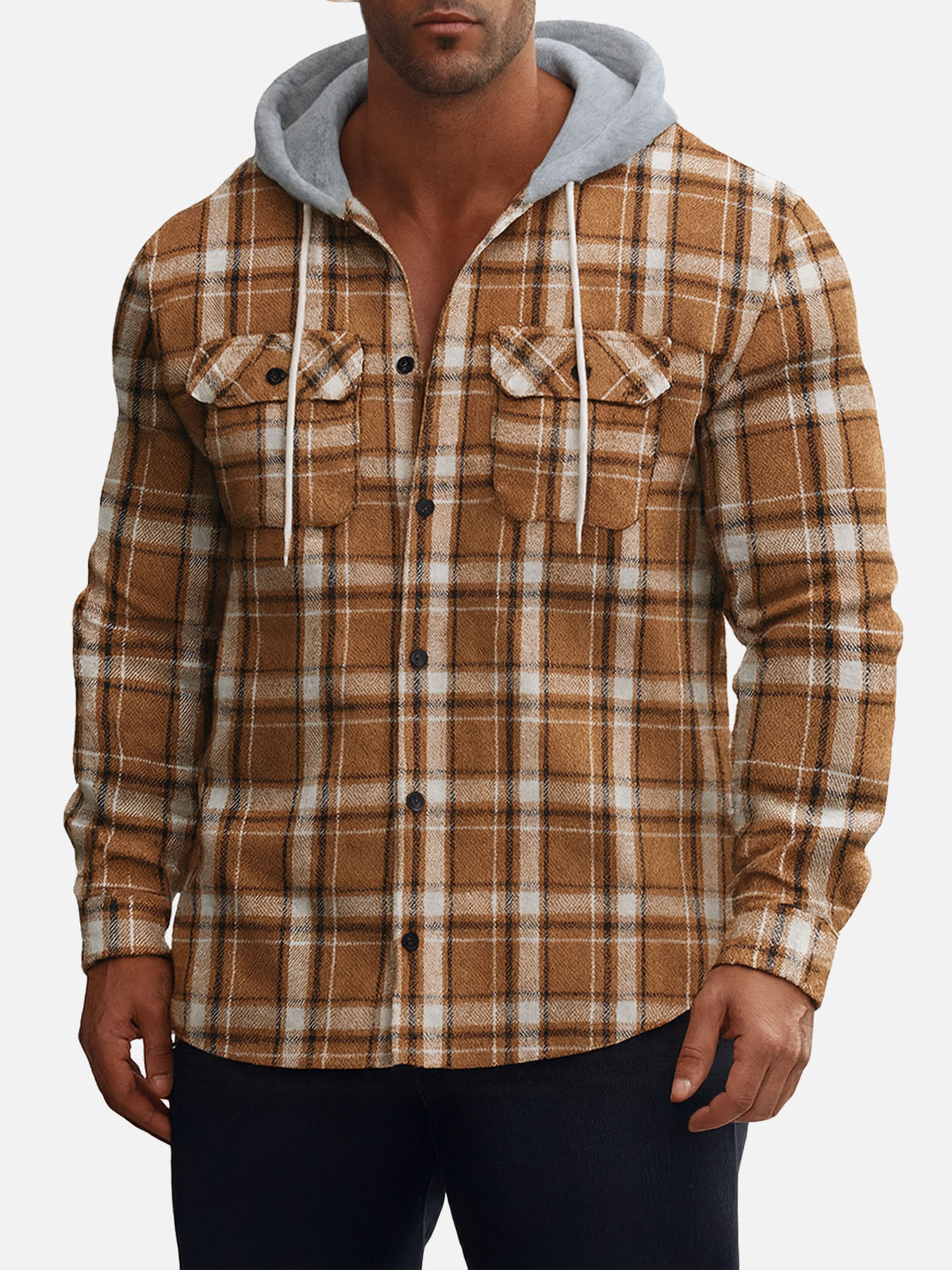 Men's Hooded Plaid Flannel Long Sleeve Shirt Jacket KOLAB
