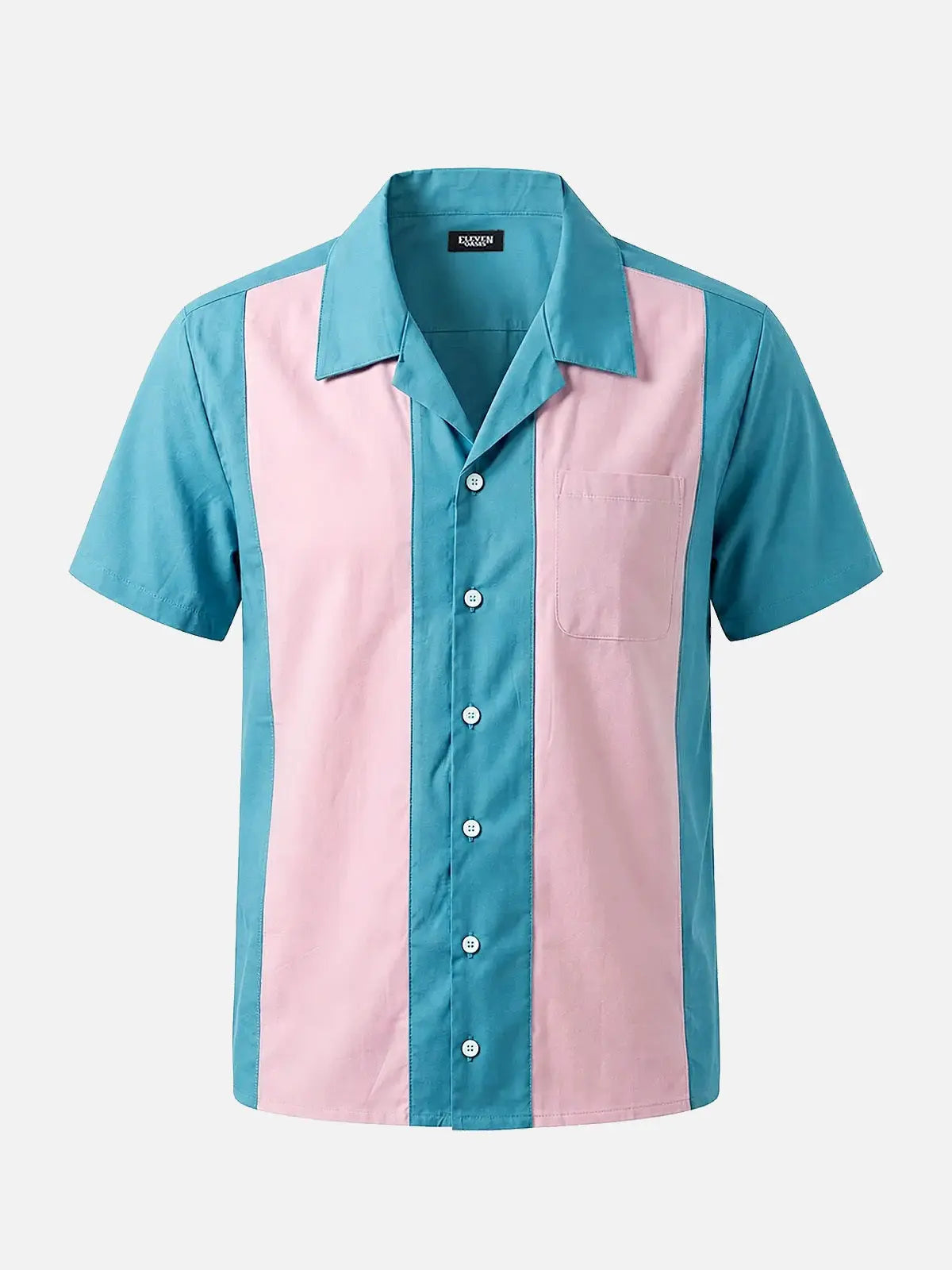 Men's Retro Light Blue and Pink Panel Bowling Short Sleeve Shirt Eleven Oasis
