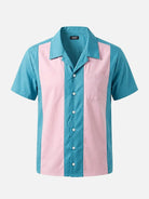 Men's Retro Light Blue and Pink Panel Bowling Short Sleeve Shirt Eleven Oasis