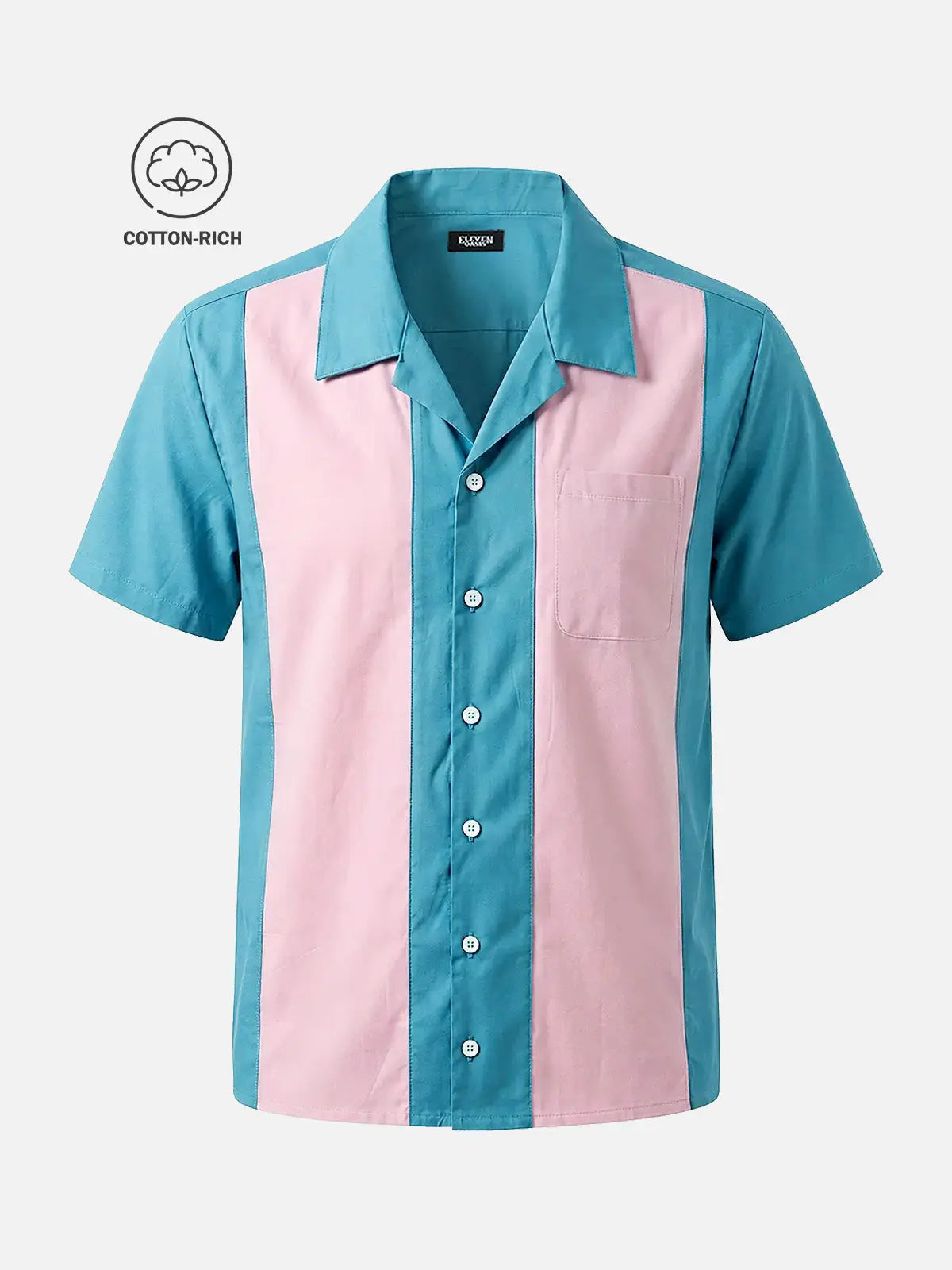 Men's Cotton Retro Light Blue and Pink Panel Bowling Short Sleeve Shirt Eleven Oasis