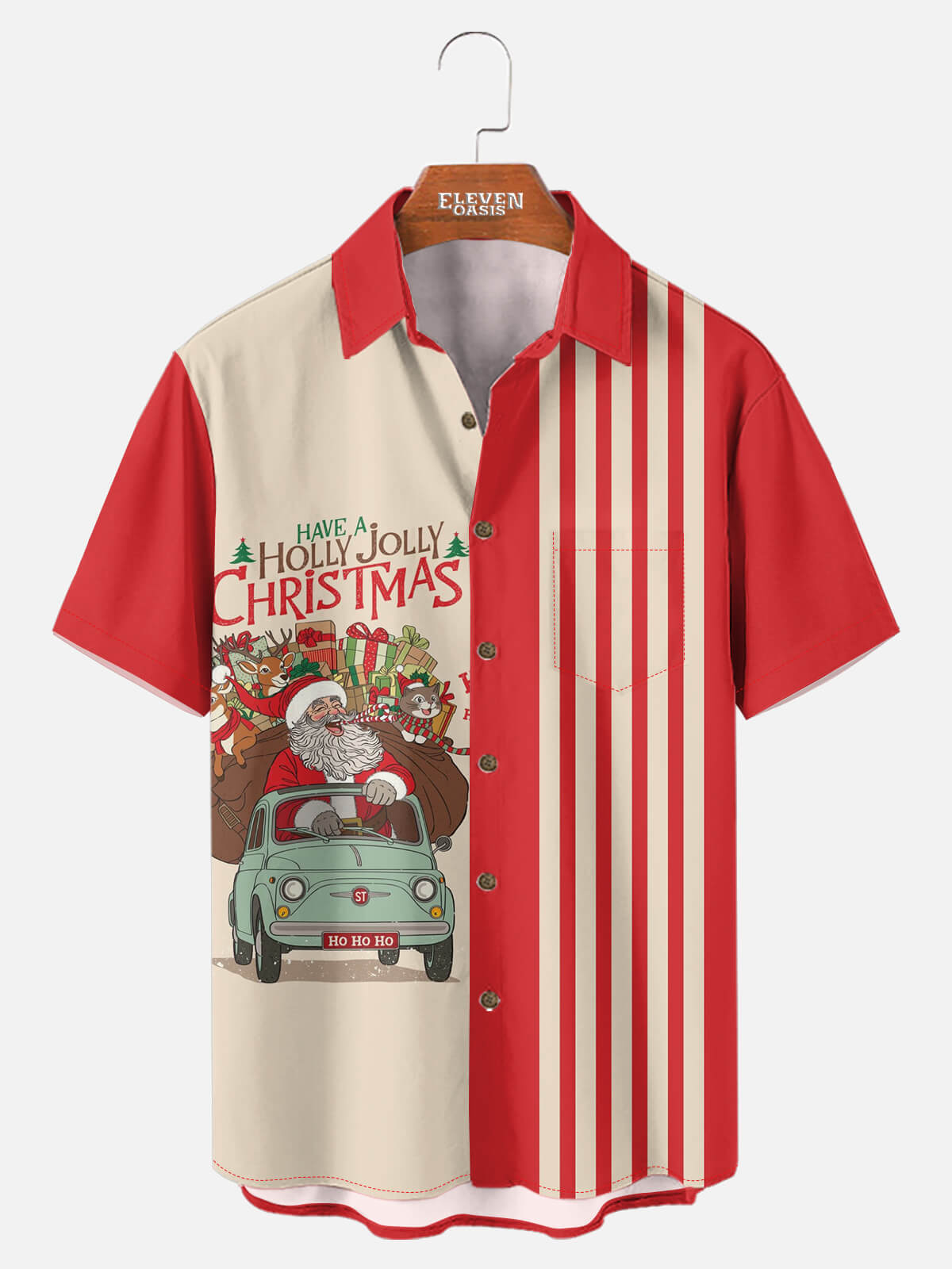 Tall Men's Retro Santa Car Christmas Short Sleeve Shirt Eleven Oasis