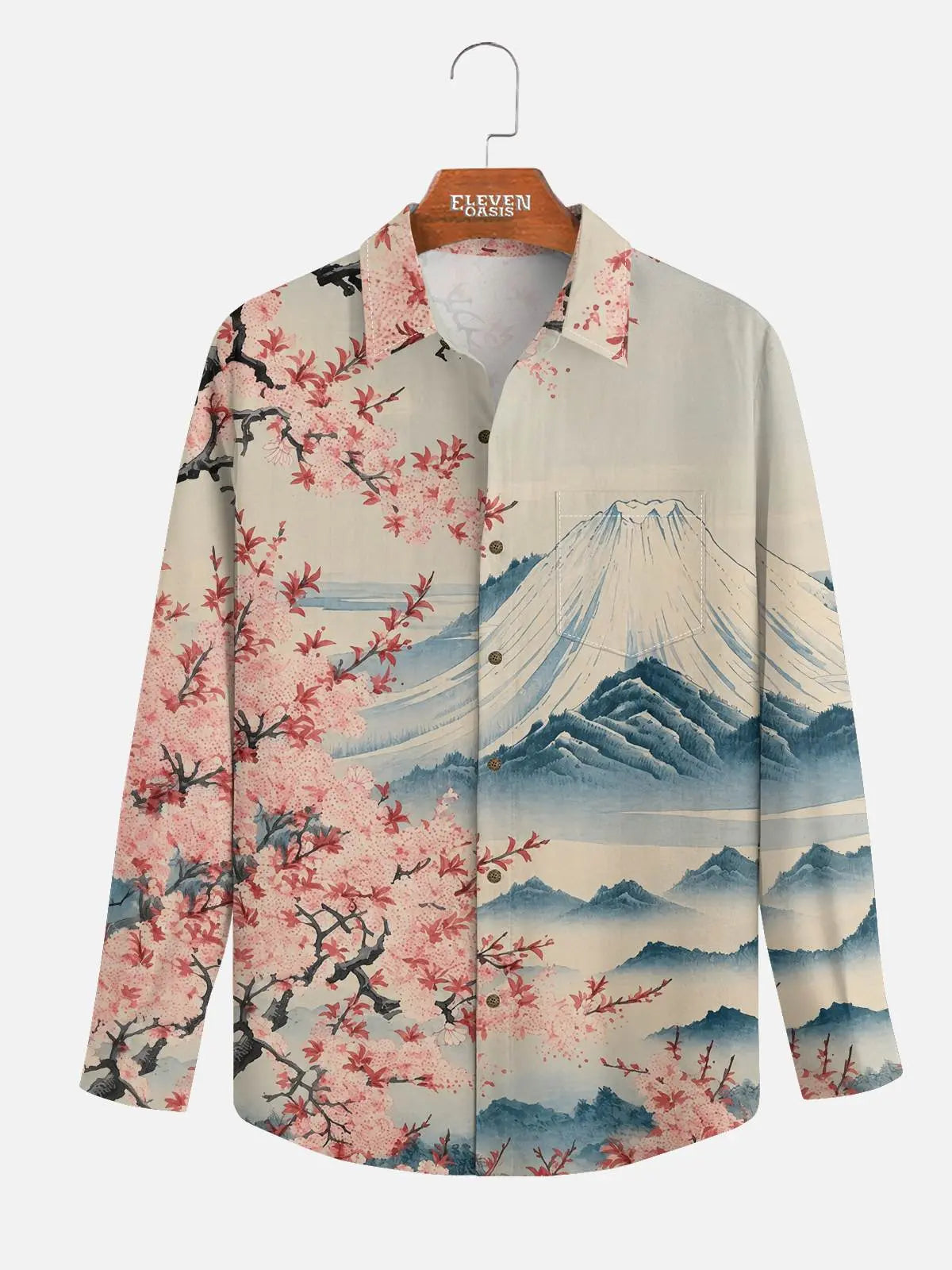 Men's Japan-Inspired Mt Fuji and Cherry Blossoms Long Sleeve Casual Shirt?