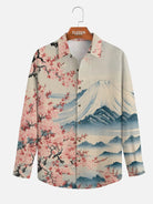 Men's Japan-Inspired Mt Fuji and Cherry Blossoms Long Sleeve Casual Shirt?