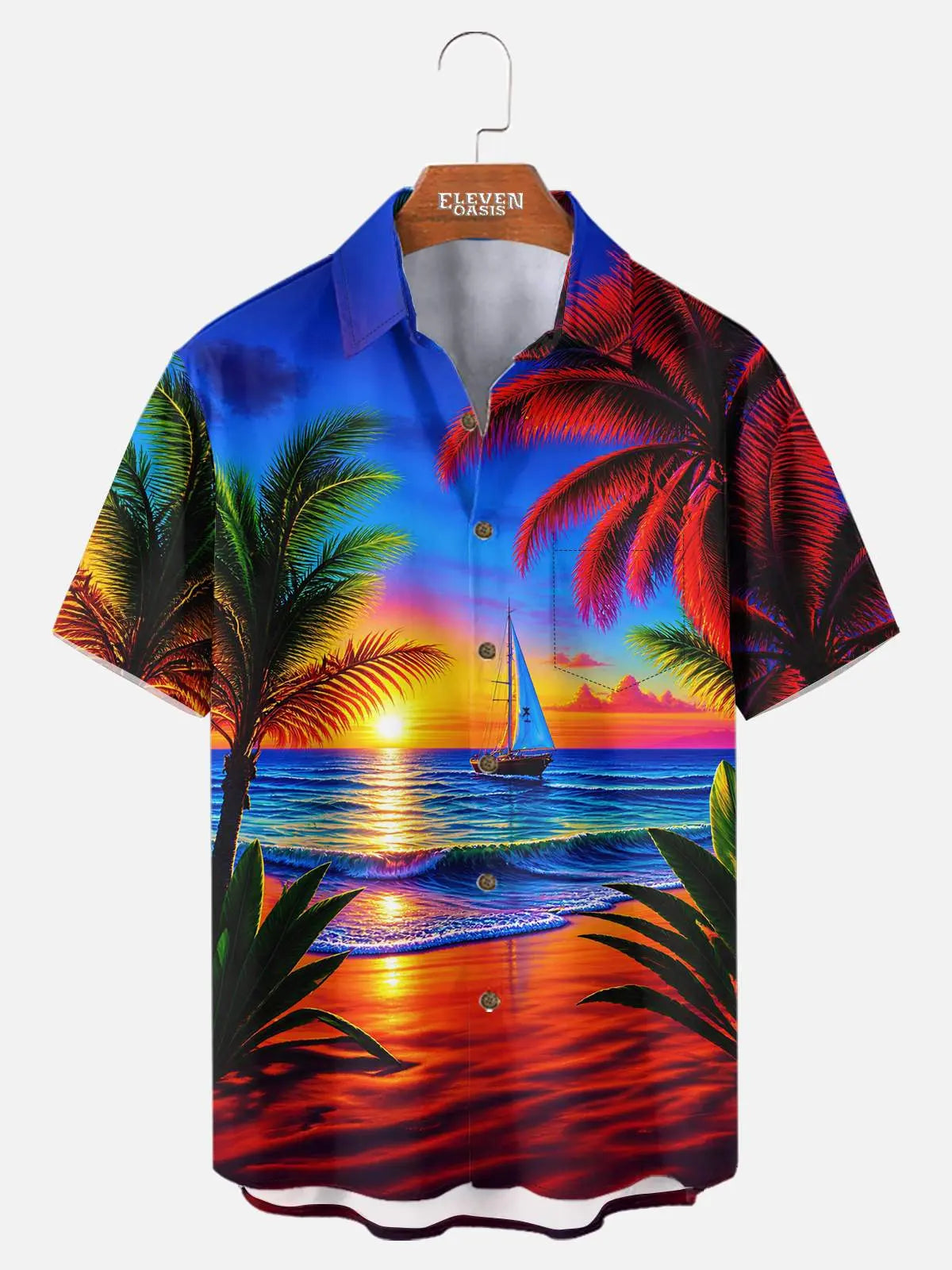 Tall Men's Vibrant Sunset Beach Ocean Sand Vacation Short Sleeve Shirt ElevenOasis