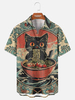 Tall Men's Japanese Ramen Cat Ukiyo-e Short Sleeve Shirt Eleven Oasis