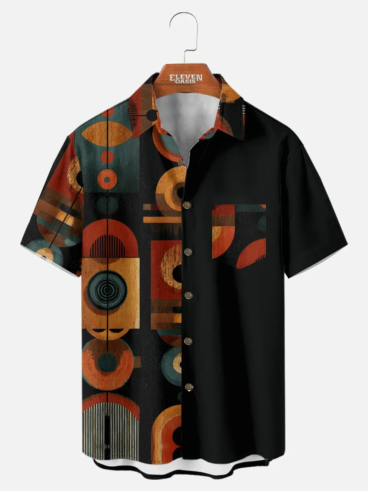 Tall  Men's Retro Geometric Panel Short Sleeve Shirt Eleven Oasis