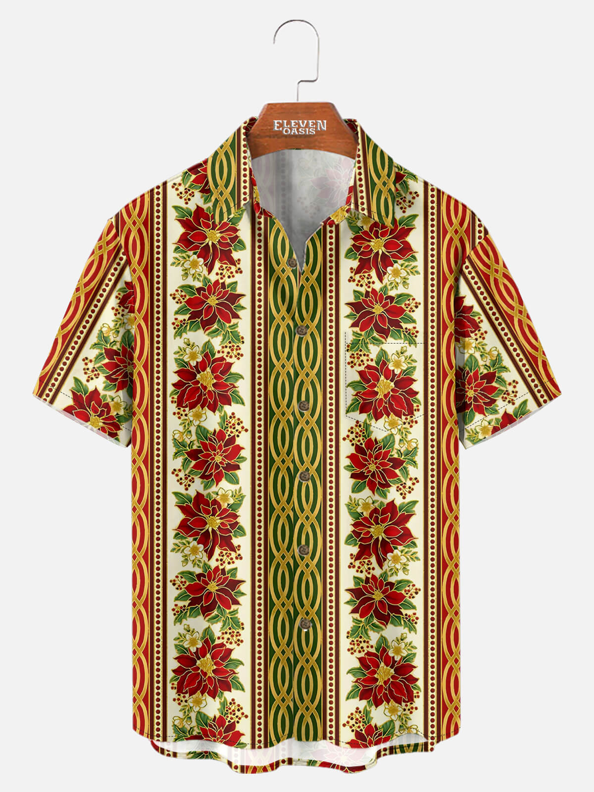 Tall Men's Poinsettia Christmas Vintage Stripe Short Sleeve Shirt Eleven Oasis