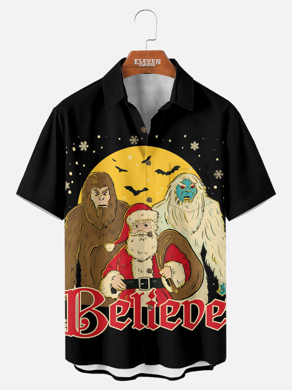Tall Men's Believe in Bigfoot Christmas Short Sleeve Shirt Eleven Oasis