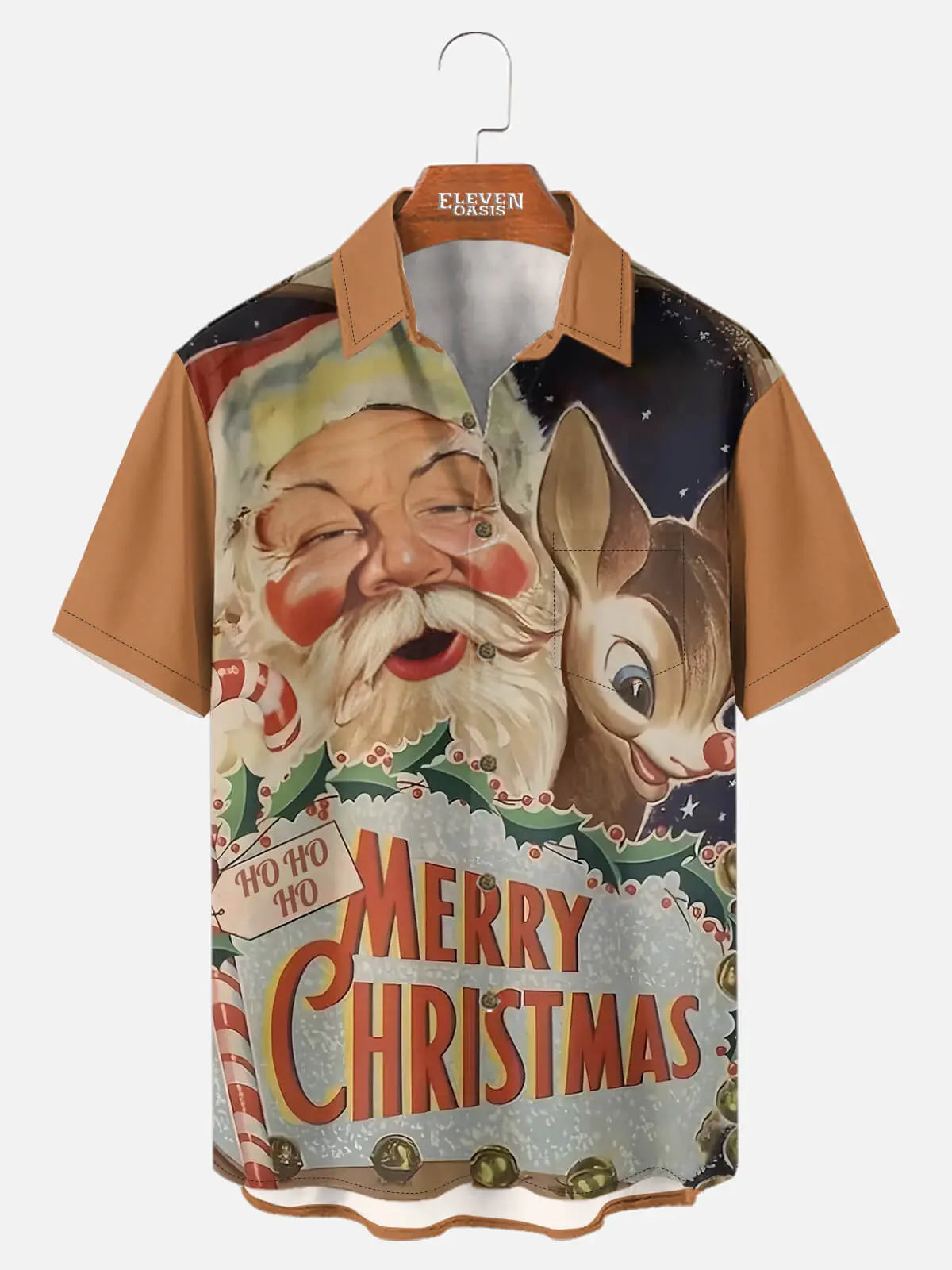 Tall Men's Santa and Rudolph Merry Christmas Short Sleeve Shirt Eleven Oasis