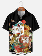 Men's Maneki-Neko & Daruma Japanese Icon Spread Collar Short Sleeve Shirt Eleven Oasis