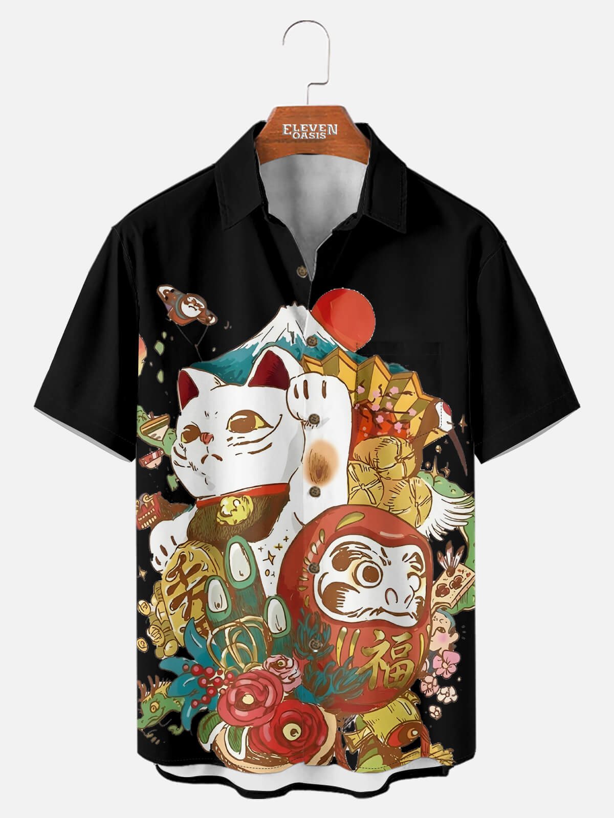 Men's Maneki-Neko & Daruma Japanese Icon Camp Collar Short Sleeve Shirt Eleven Oasis