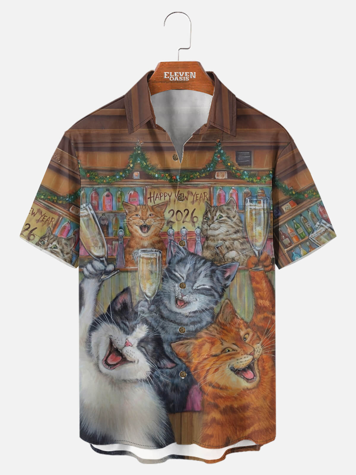 Men's New Year Party Cats Short Sleeve Shirt Eleven Oasis